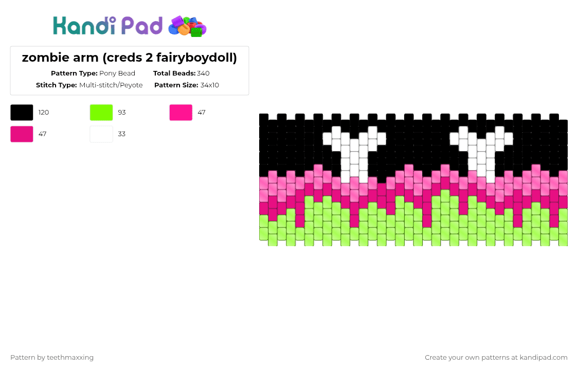 zombie arm (creds 2 fairyboydoll) - Pony Bead Pattern by teethmaxxing on Kandi Pad - pink,green