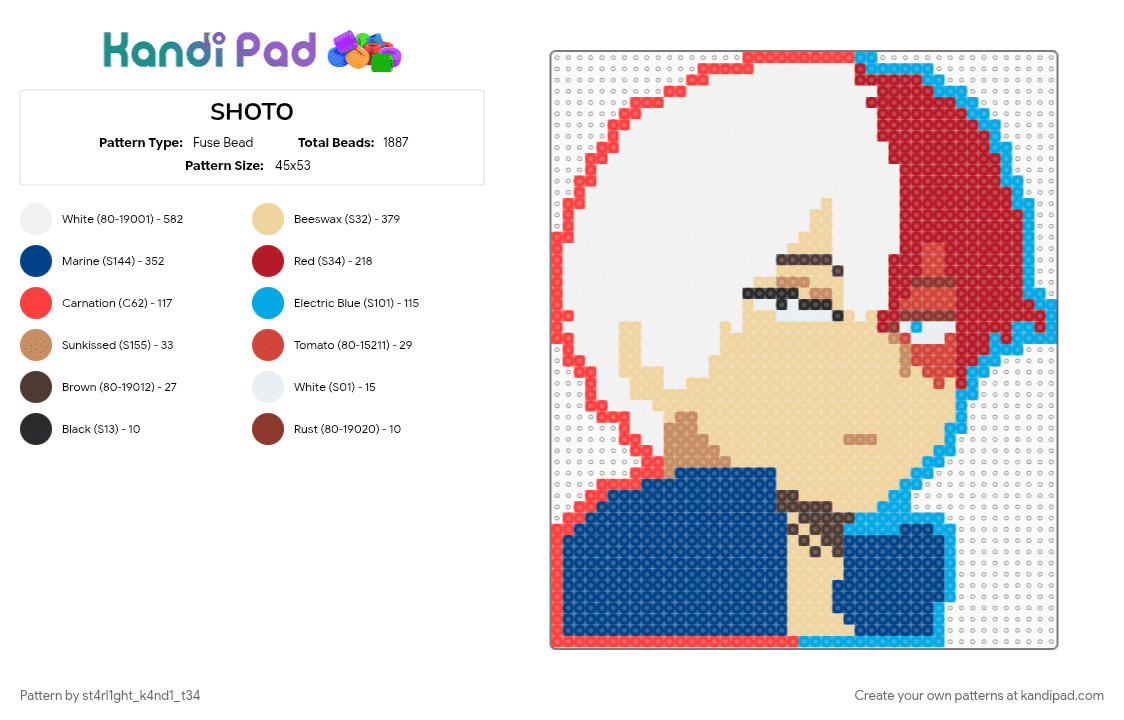 SHOTO - Fuse Bead Pattern by st4rl1ght_k4nd1_t34 on Kandi Pad - anime, beige, blue, bnha, mha, my hero academia, red, shoto, shoto todoroki