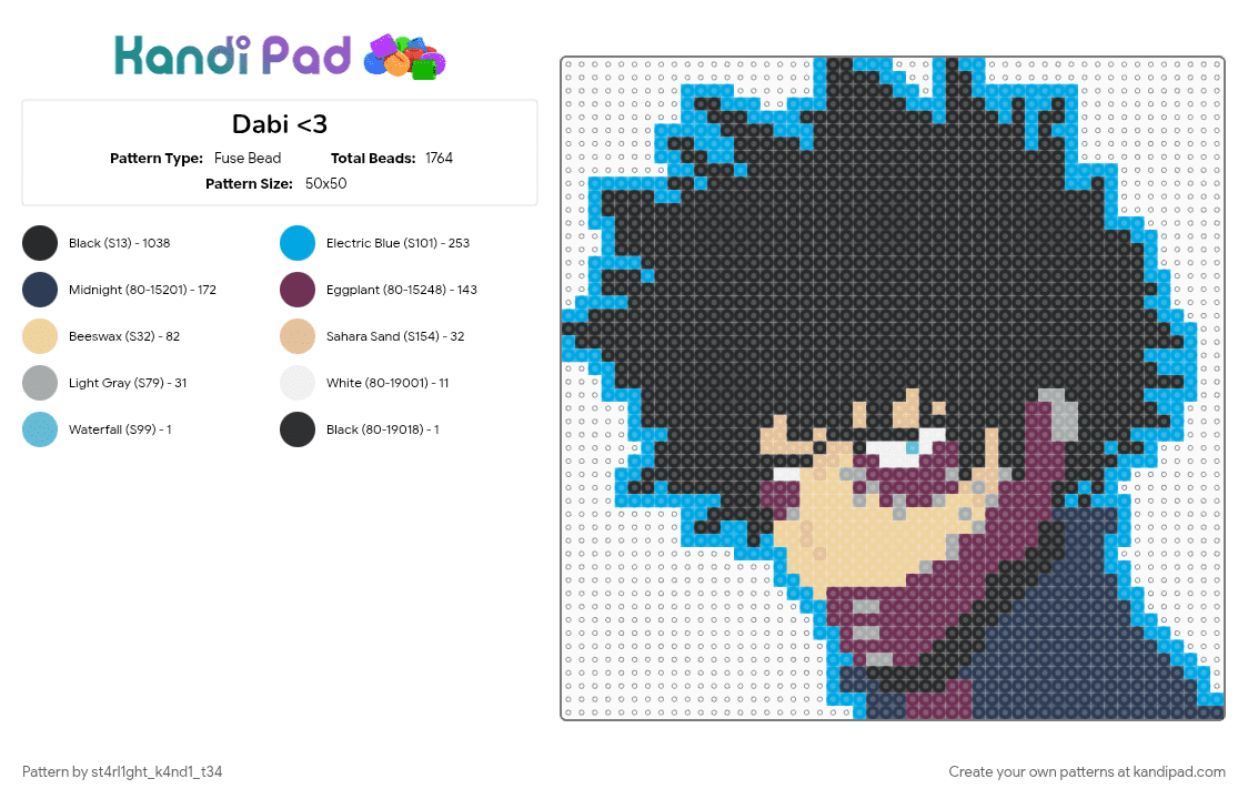 Dabi - Fuse Bead Pattern by st4rl1ght_k4nd1_t34 on Kandi Pad - black, bnha, dabi, light blue, mha, pink, purple