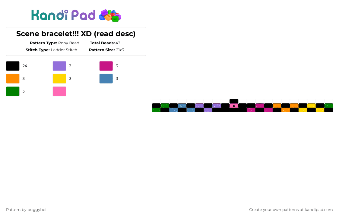 Scene bracelet!!! XD (read desc) - Pony Bead Pattern by blueberry-the-cat on Kandi Pad - black,pink,yellow,green,colorful