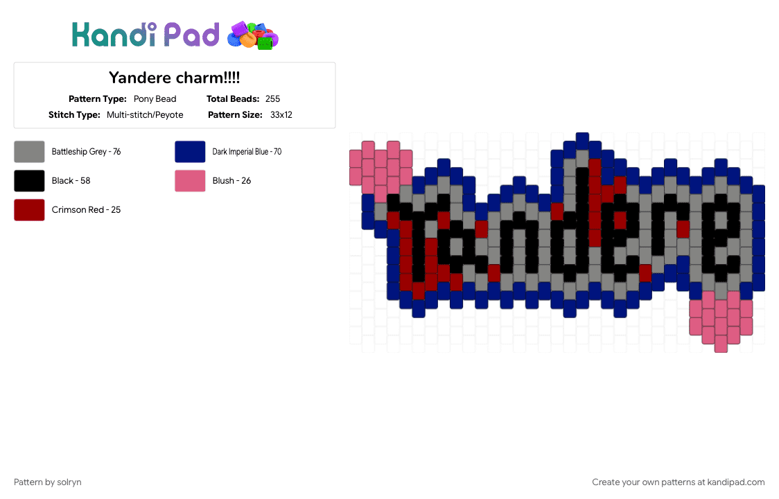 Yandere charm!!!! - Pony Bead Pattern by solryn on Kandi Pad - anime, black, blood, blue, gray, heart, love, purple, yandere