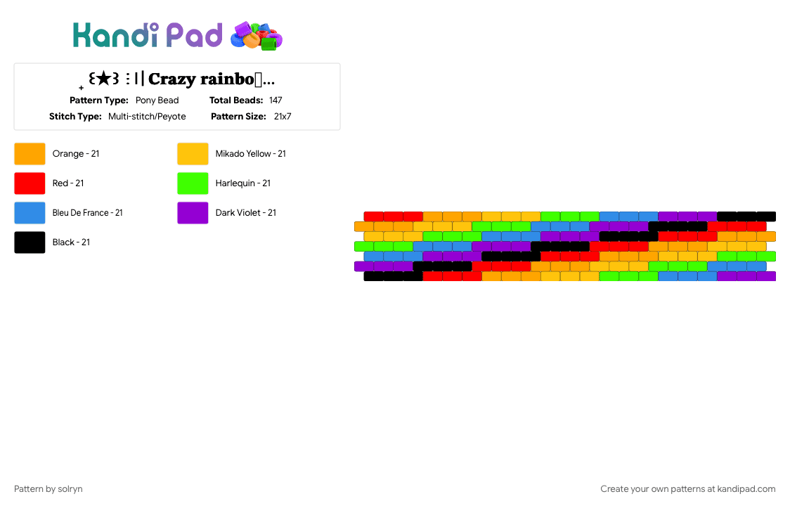 ₊ ꒰★꒱ ⋮〢𝐂𝐫𝐚𝐳𝐲 𝐫𝐚𝐢𝐧𝐛𝐨𝐰 𝐜𝐮𝐟𝐟 ꥟‧₊˚. (Read desc) - Pony Bead Pattern by solryn on Kandi Pad - black, colorful, cotdsubconscious, dreamcore, glitch, green, kidcore, purple, rainbow, weirdcore, yellow
