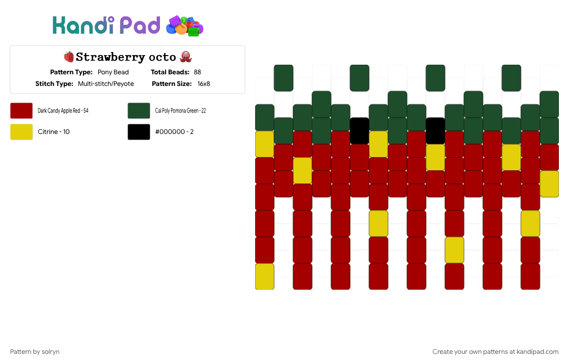 🍓𝚂𝚝𝚛𝚊𝚠𝚋𝚎𝚛𝚛𝚢 𝚘𝚌𝚝𝚘 🐙 - Pony Bead Pattern by solryn on Kandi Pad - cotdfruit, food, fruit, green, octopus, red, strawberry, yellow