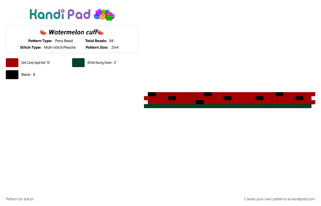 🍉 𝘞𝘢𝘵𝘦𝘳𝘮𝘦𝘭𝘰𝘯 𝘤𝘶𝘧𝘧🍉 - Pony Bead Pattern by solryn on Kandi Pad - black, cotd, cotdfruit, food, fruit, green, red, watermelon