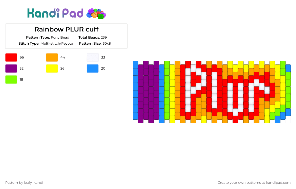 Rainbow PLUR cuff - Pony Bead Pattern by solryn on Kandi Pad - orange, pink, red