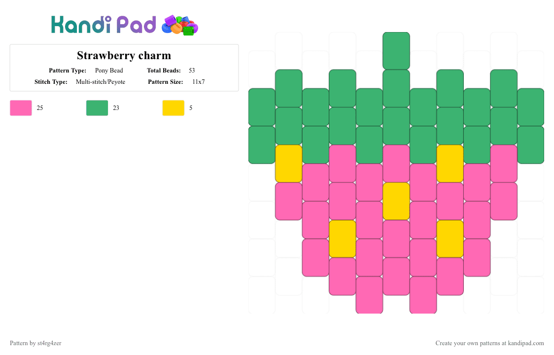Strawberry charm - Pony Bead Pattern by blueberry-the-cat on Kandi Pad - pink,green,fruit,yellow,strawberry,charm