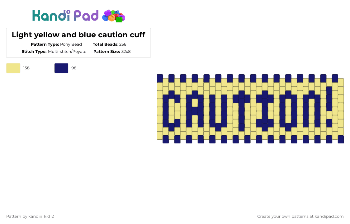 Light yellow and blue caution cuff - Pony Bead Pattern by st4rry_ate_cheezit on Kandi Pad - purple,yellow,light yellow,blue,caution