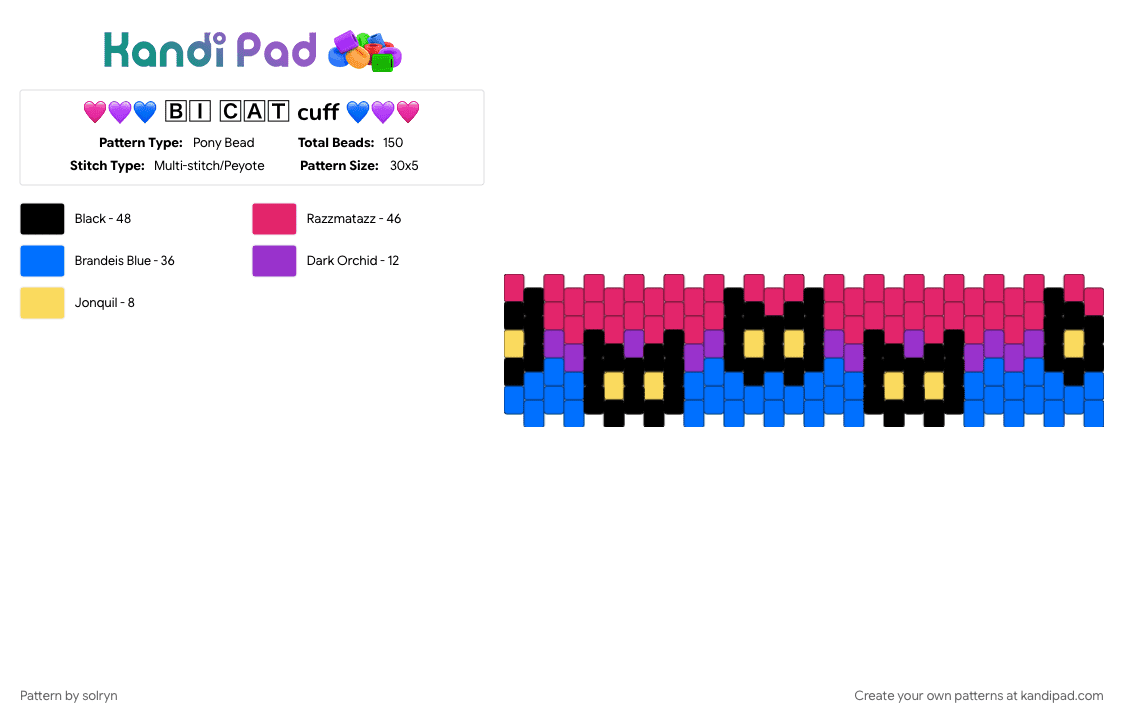🩷💜💙 🄱🄸 🄲🄰🅃 cuff 💙💜🩷 - Pony Bead Pattern by solryn on Kandi Pad - bi, blue, cat, lgbt, pink, pride