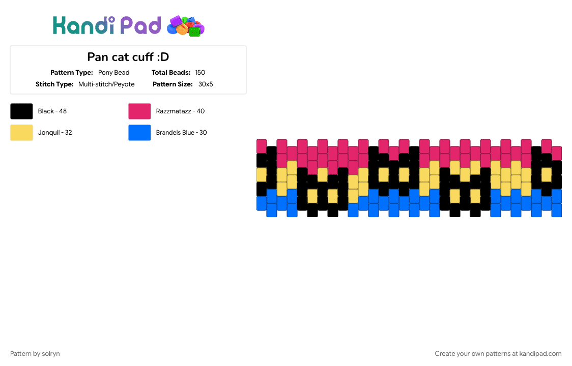 Pan cat cuff :D - Pony Bead Pattern by solryn on Kandi Pad - blue, cat, lgbt, pansexual, pink, yellow