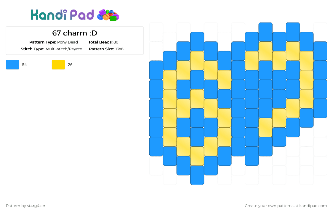 67 charm :D - Pony Bead Pattern by blueberry-the-cat on Kandi Pad - yellow,light blue,67,gold,yello,blue