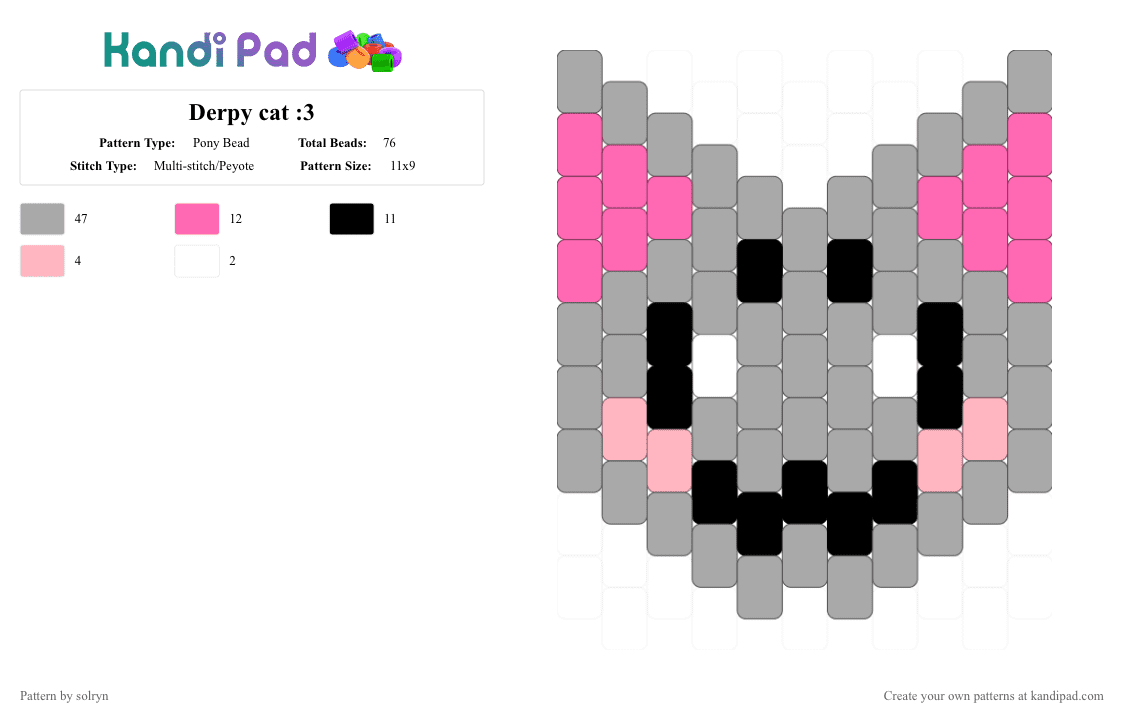 𝘿𝙚𝙧𝙥𝙮 𝙘𝙖𝙩 ^._.^ - Pony Bead Pattern by solryn on Kandi Pad - beige,cat,gray,derpy
