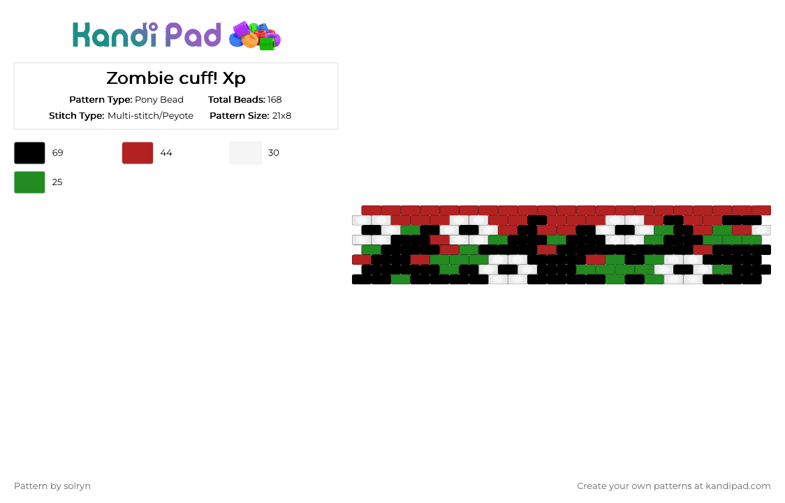 ୭⋆˚⊹𐂯 𝒵𝑜𝓂𝒷𝒾𝑒 𝓉𝒽𝑒𝓂𝑒𝒹 𝒸𝓊𝒻𝒻 ୭⋆˚⊹𐂯 - Pony Bead Pattern by solryn on Kandi Pad - red,green,zombie,blood,eyes,halloween,spooky,black