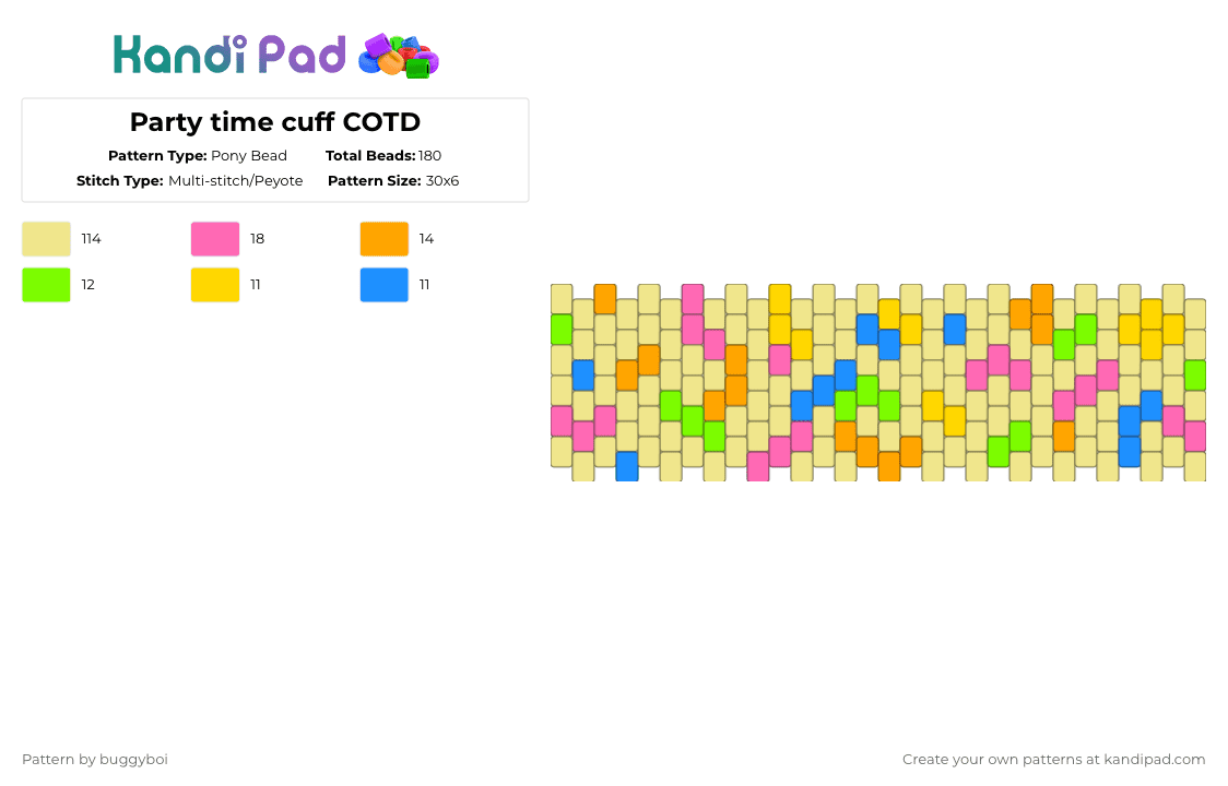 Party time cuff COTD - Pony Bead Pattern by st4rry_ate_cheezit on Kandi Pad - yellow,80svibecotd,80s,party,beige,rainbow,confetti,fun,blue
