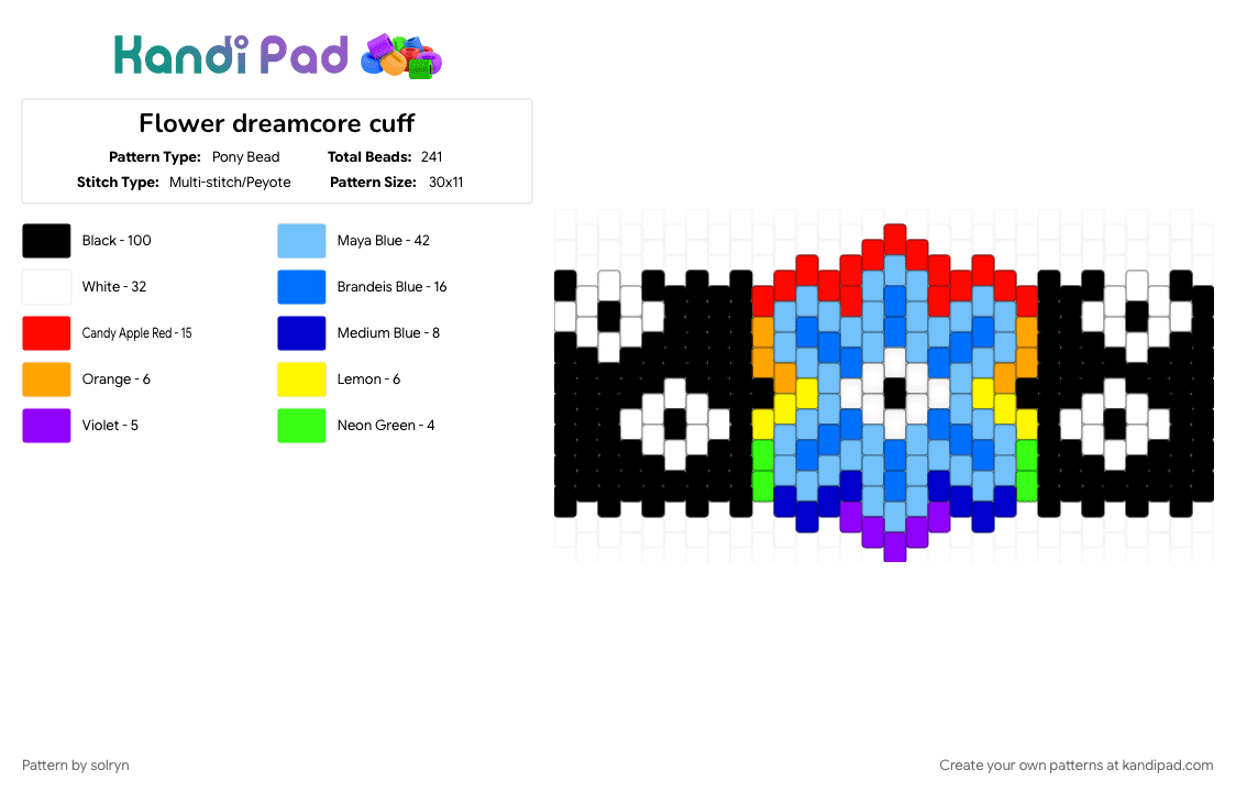 Flower dreamcore cuff - Pony Bead Pattern by solryn on Kandi Pad - backrooms, black, blue, dreamcore, eye, flower, light blue, liminal, rainbow, red, weirdcore