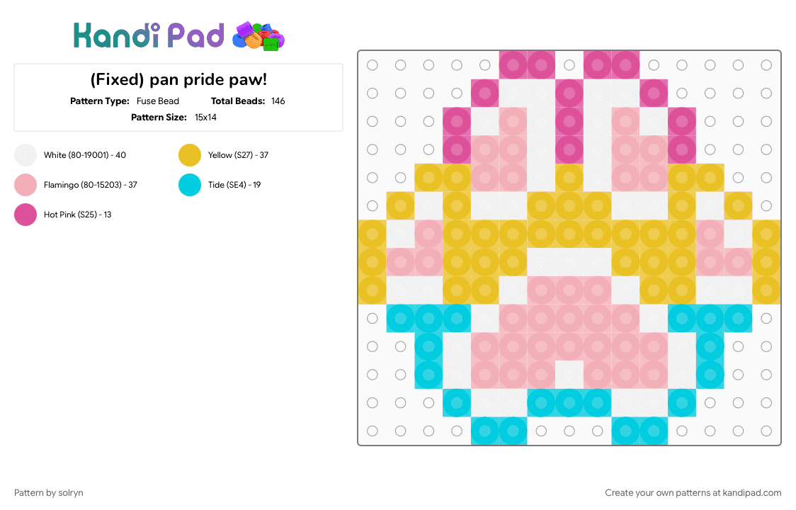 (Fixed) pan pride paw! - Fuse Bead Pattern by solryn on Kandi Pad - beige, charm, lqbt, pansexual, paw, pride, yellow