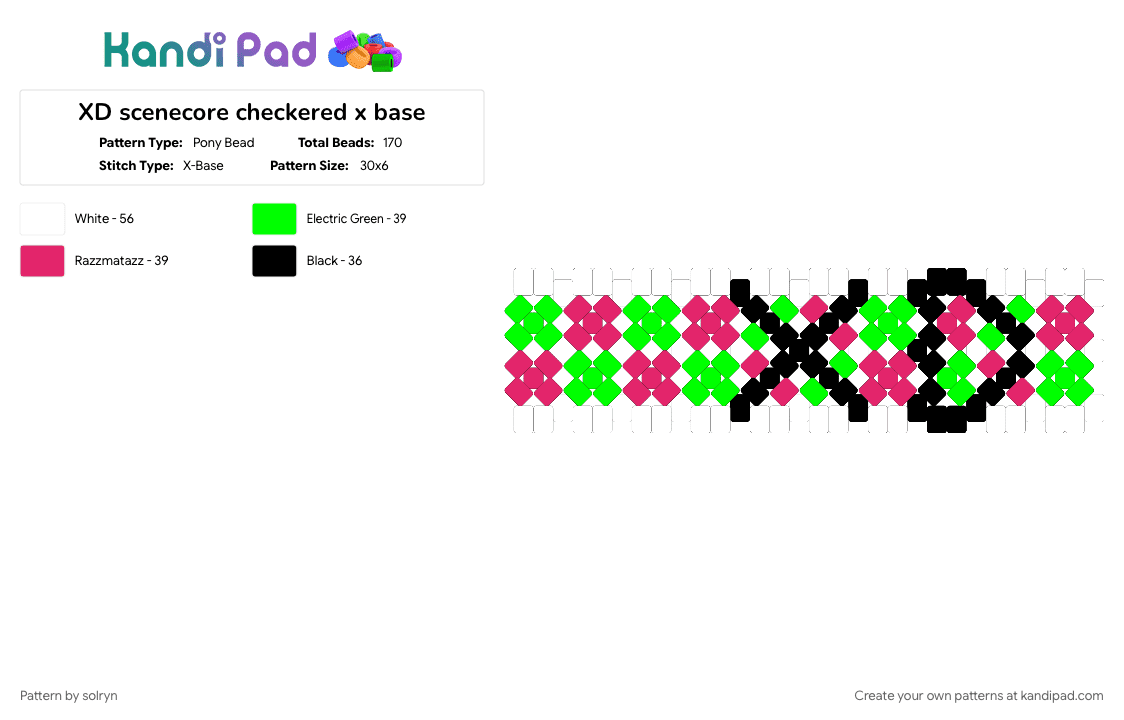 XD scenecore checkered x base - Pony Bead Pattern by solryn on Kandi Pad - black, green, pink, scene, scenecore, white, xd