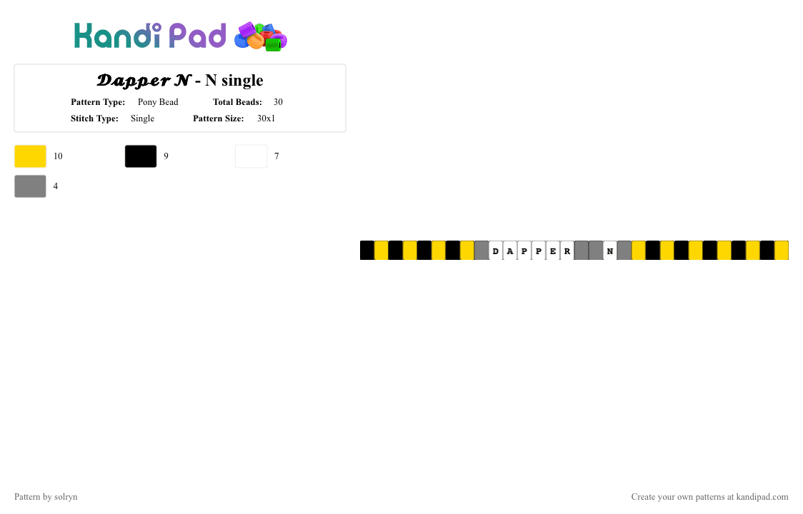 ⚠︎  𝓓𝓪𝓹𝓹𝓮𝓻 𝓝 ⚠︎ - N single - Pony Bead Pattern by solryn on Kandi Pad - black, gray, md, murder drones, n md, n murder drones, serial designation n, yellow