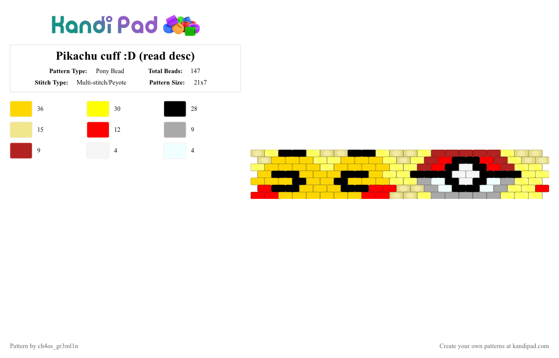 Pikachu cuff :D (read desc) - Pony Bead Pattern by solryn on Kandi Pad - yellow,pokemon,pikachu,red,black,glow,white,electricity