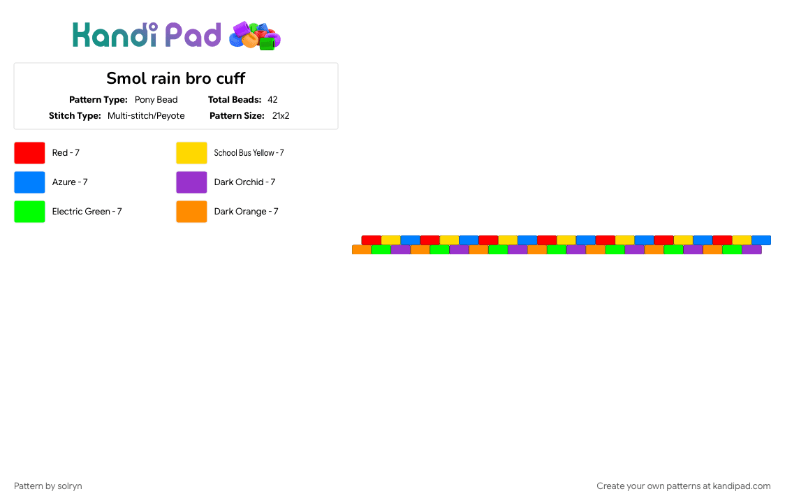 Smol rain bro cuff - Pony Bead Pattern by solryn on Kandi Pad - blue, colorful, green, orange, purple, rainbow, red, yellow