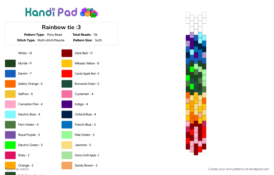 Rainbow tie :3 - Pony Bead Pattern by solryn on Kandi Pad - blue, colorful, green, orange, pink, purple, rainbow, red, tie, white, yellow