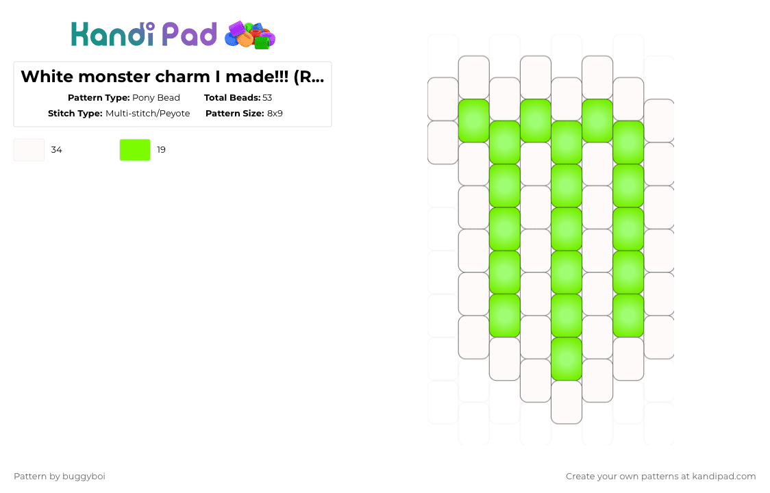 White monster charm I made!!! (Read desc) - Pony Bead Pattern by st4rry_ate_cheezit on Kandi Pad - green,white