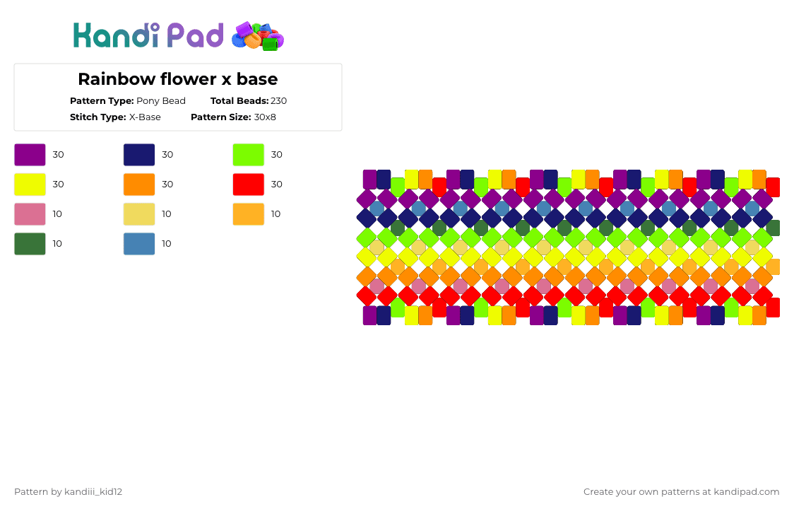 Rainbow flower x base - Pony Bead Pattern by ch4os_gr3ml1n on Kandi Pad - purple,yellow,red,colorful