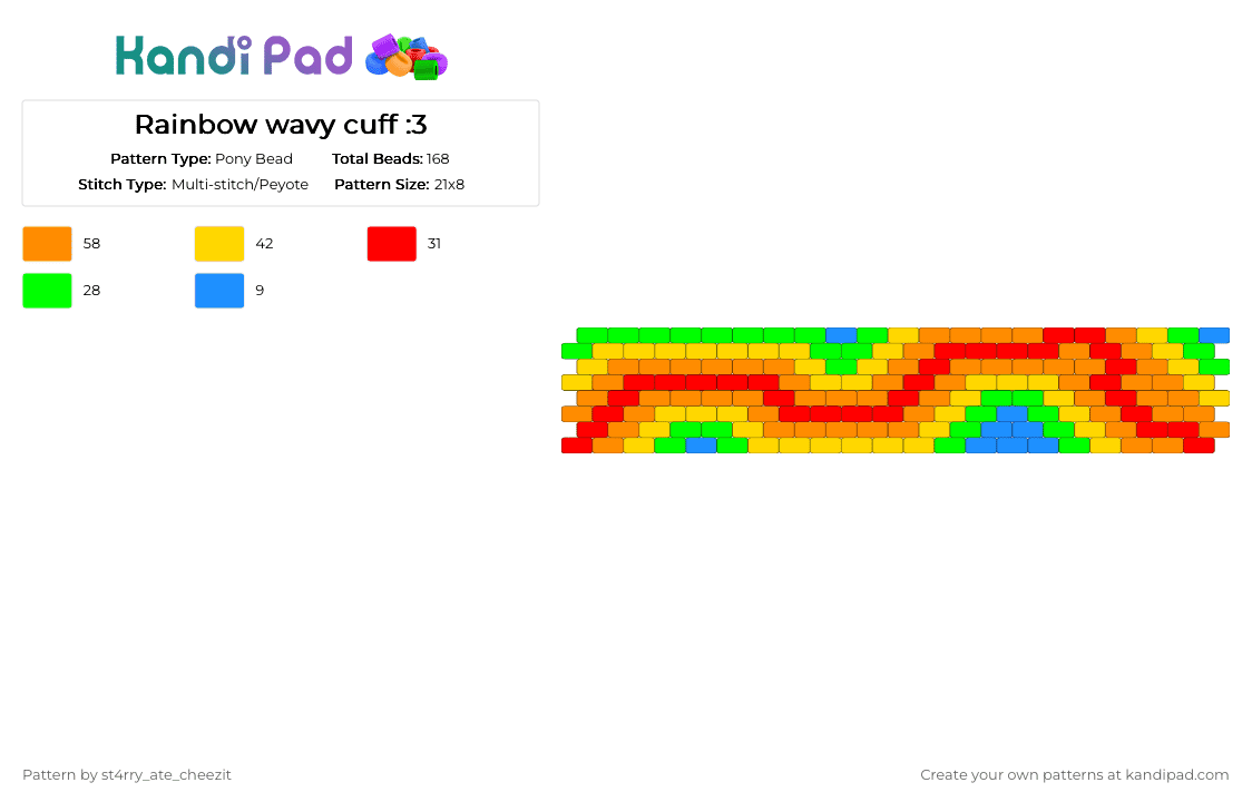 Rainbow wavy cuff :3 - Pony Bead Pattern by ch4os_gr3ml1n on Kandi Pad - yellow,orange,rainbow,kewl,abstract,rave,plur,trippy,bright