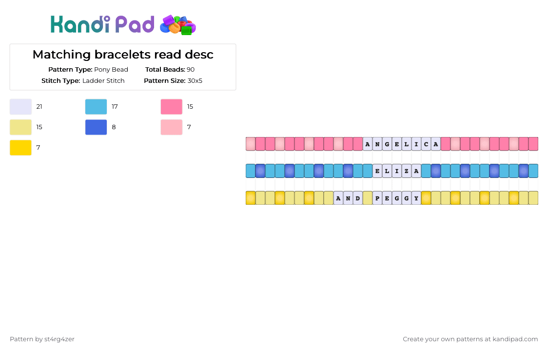 Matching bracelets read desc - Pony Bead Pattern by ch4os_gr3ml1n on Kandi Pad - light blue,pink,yellow,music,play,blue,hamilton