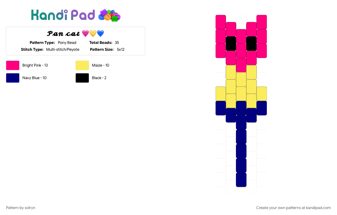 𝓟𝓪𝓷 𝓬𝓪𝓽 🩷💛💙 - Pony Bead Pattern by solryn on Kandi Pad - blue, cat, charm, cute, lgbt, pansexual, pink, yellow