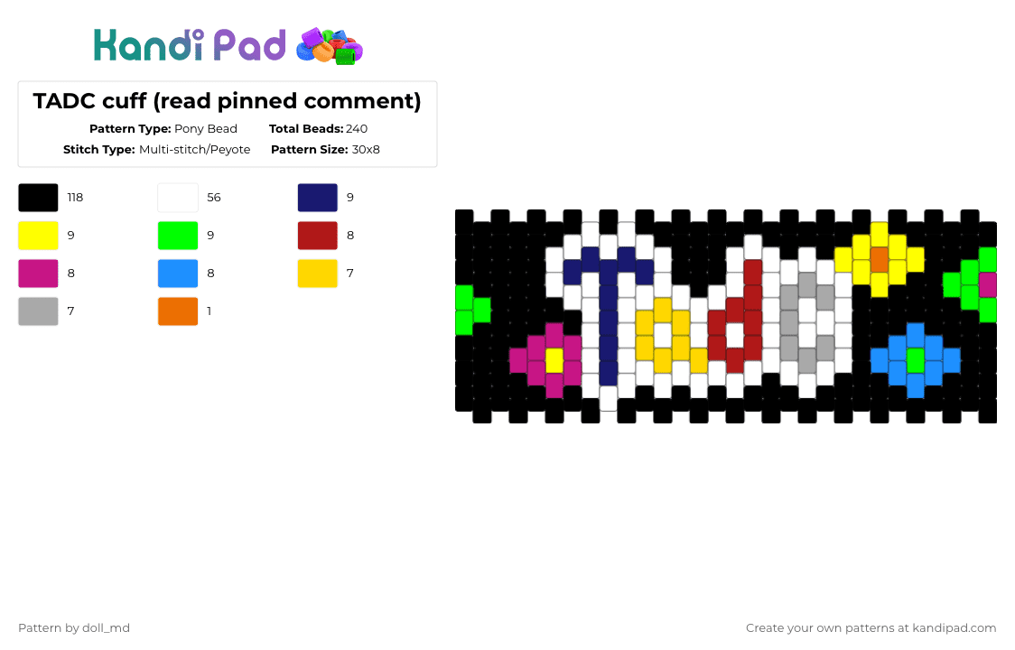 TADC cuff (read pinned comment) - Pony Bead Pattern by blueberry-the-cat on Kandi Pad - black,white,yellow,red,green,colorful