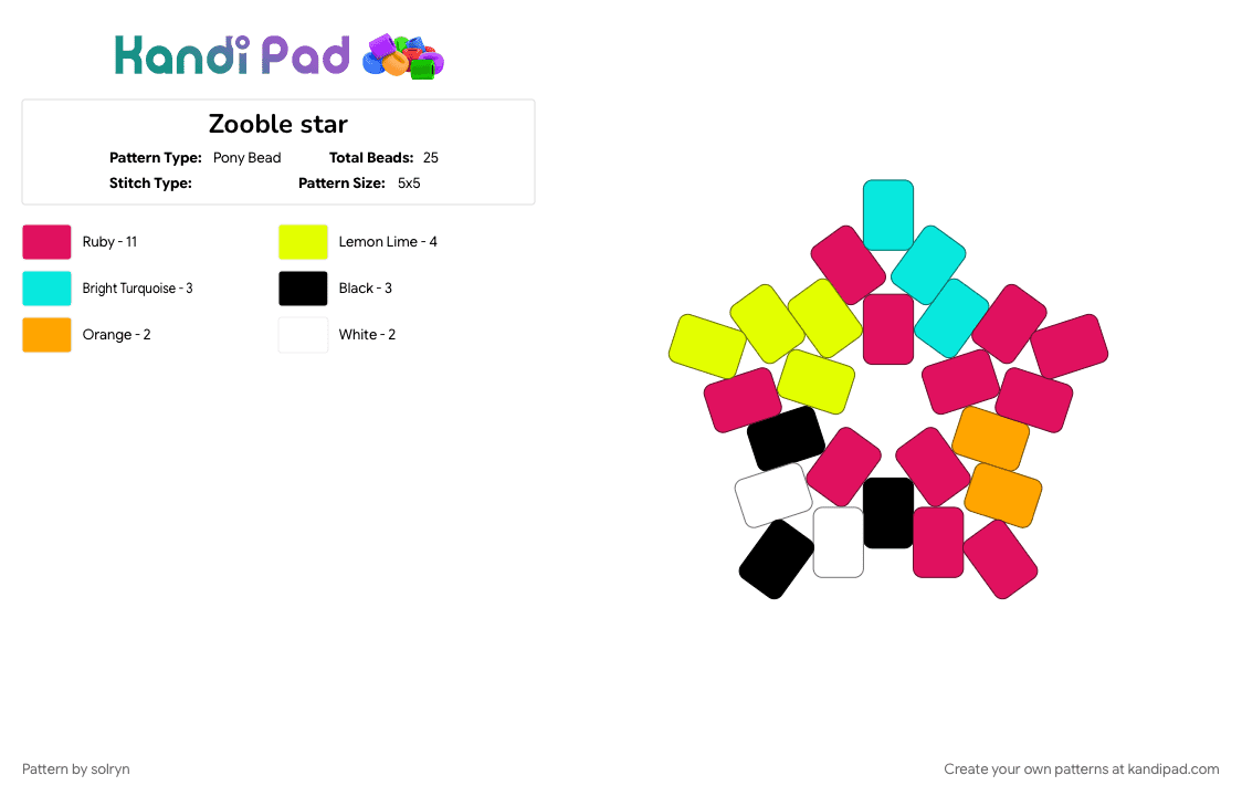 Zooble star - Pony Bead Pattern by solryn on Kandi Pad - black, character, cyan, pink, tadc, zooble