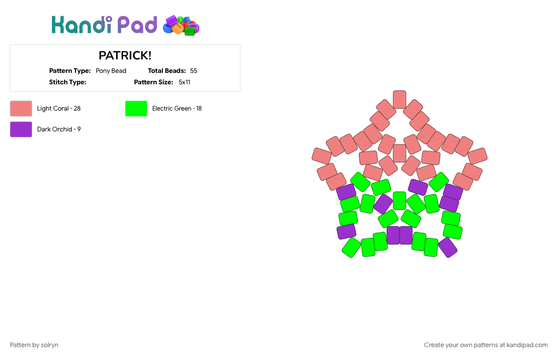 PATRICK! - Pony Bead Pattern by solryn on Kandi Pad - character, green, patrick star, red
