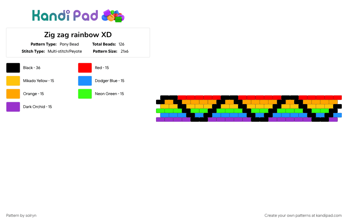 ꒰★꒱ ⋮〢𝐙𝐈𝐆 𝐙𝐀𝐆 𝐑𝐀𝐈𝐍𝐁𝐎𝐖 ꥟‧₊˚. - Pony Bead Pattern by solryn on Kandi Pad - black, colorful, dreamcore, gay, kidcore, orange, purple, rainbow, red, yellow, zig zag