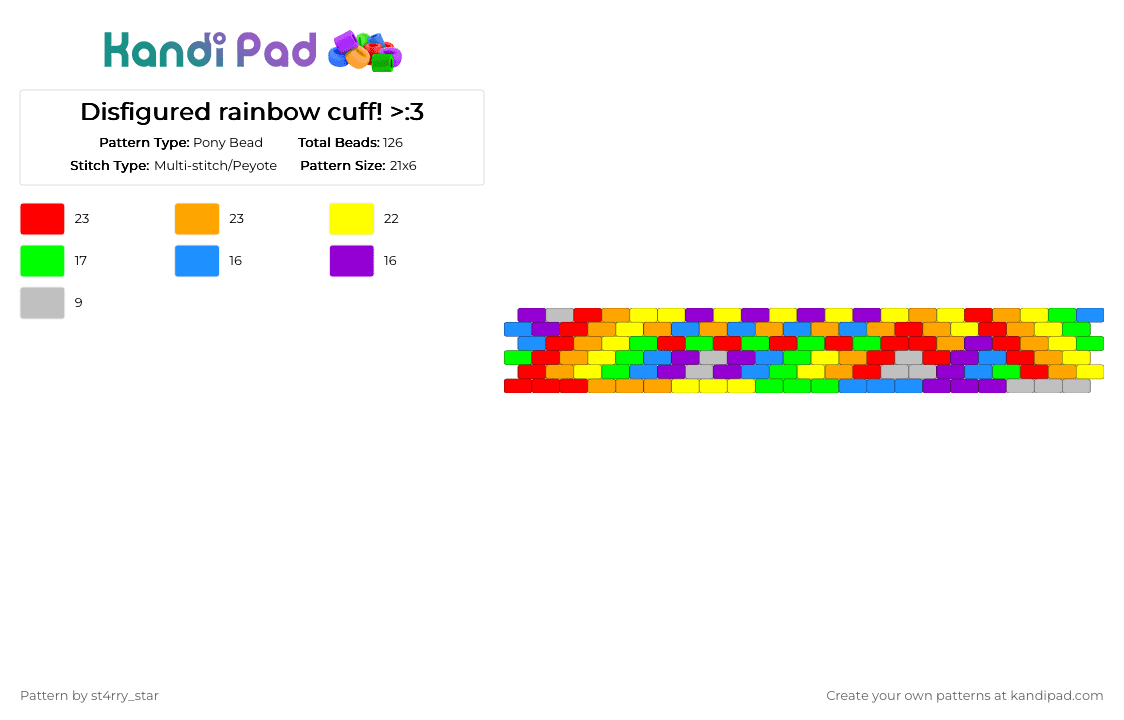 Disfigured rainbow cuff! >:3 - Pony Bead Pattern by blueberry-the-cat on Kandi Pad - red,orange,yellow,green,rainbow,grey,rave,yelliw,blue