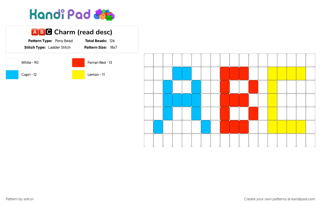 🅰🅱🅲 Charm (read desc) - Pony Bead Pattern by solryn on Kandi Pad - abc, alphabet, clowncore, cotdlettering, kidcore, lettering, light blue, primary colors, red, white