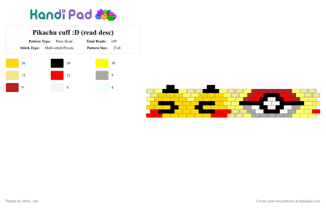 Pikachu cuff :D (read desc) - Pony Bead Pattern by ch4os_gr3ml1n on Kandi Pad - yellow,pokemon,pikachu,red,black,glow,white,electricity