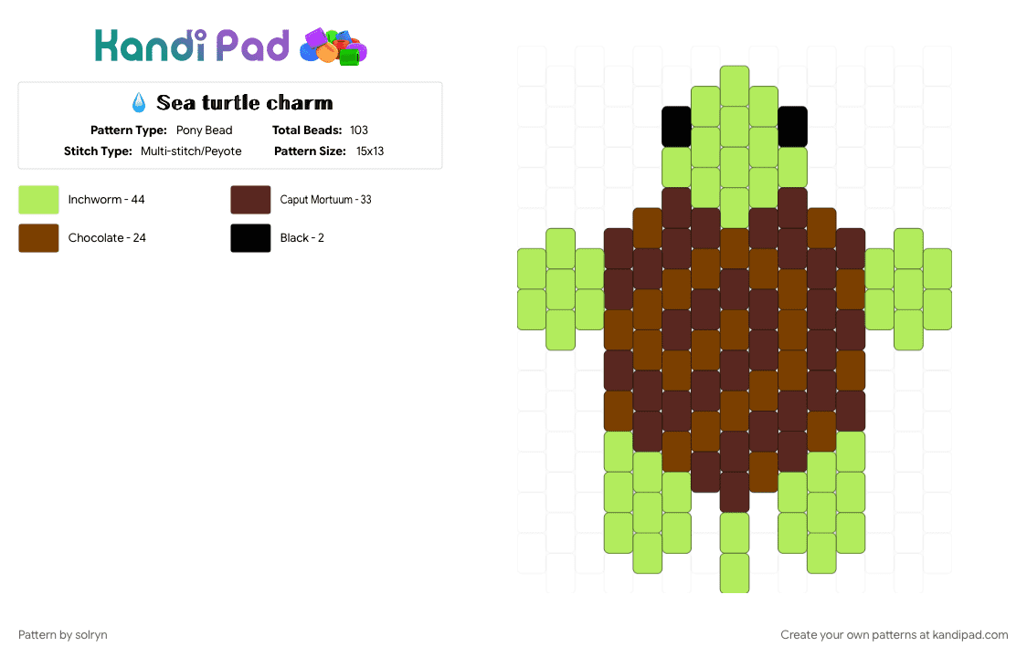 💧 𝕊𝕖𝕒 𝕥𝕦𝕣𝕥𝕝𝕖 𝕔𝕙𝕒𝕣𝕞 - Pony Bead Pattern by solryn on Kandi Pad - animal, brown, charm, cotdoceancreatures, green, ocean, sea, sea creature, sea turtle, turtle