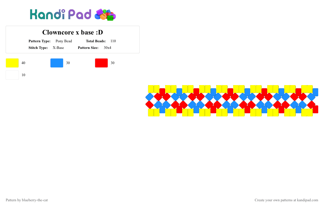 𝑪𝒍𝒐𝒘𝒏𝒄𝒐𝒓𝒆/𝒑𝒐𝒎𝒏𝒊 𝒙 𝒃𝒂𝒔𝒆 - Pony Bead Pattern by solryn on Kandi Pad - blue, clown, clowncore, pomni, red, tadc, white, yellow