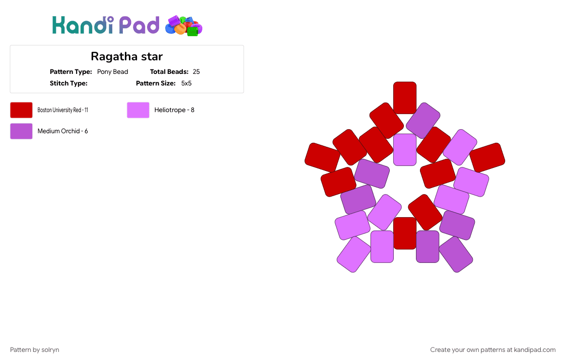 Ragatha star - Pony Bead Pattern by solryn on Kandi Pad - character, pink, purple, ragatha, red, star, tadc