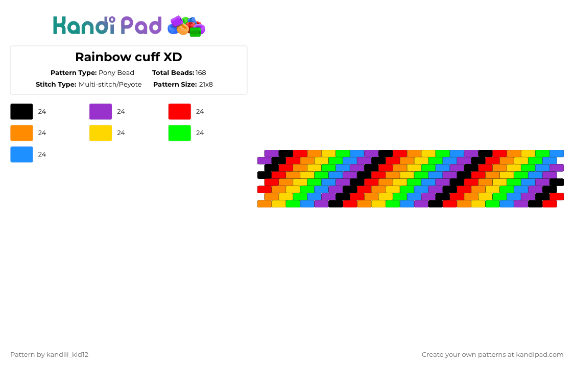 Rainbow cuff XD - Pony Bead Pattern by blueberry-the-cat on Kandi Pad - red,yellow,light blue,colorful,rainbow,black,green,purple,blue,orange