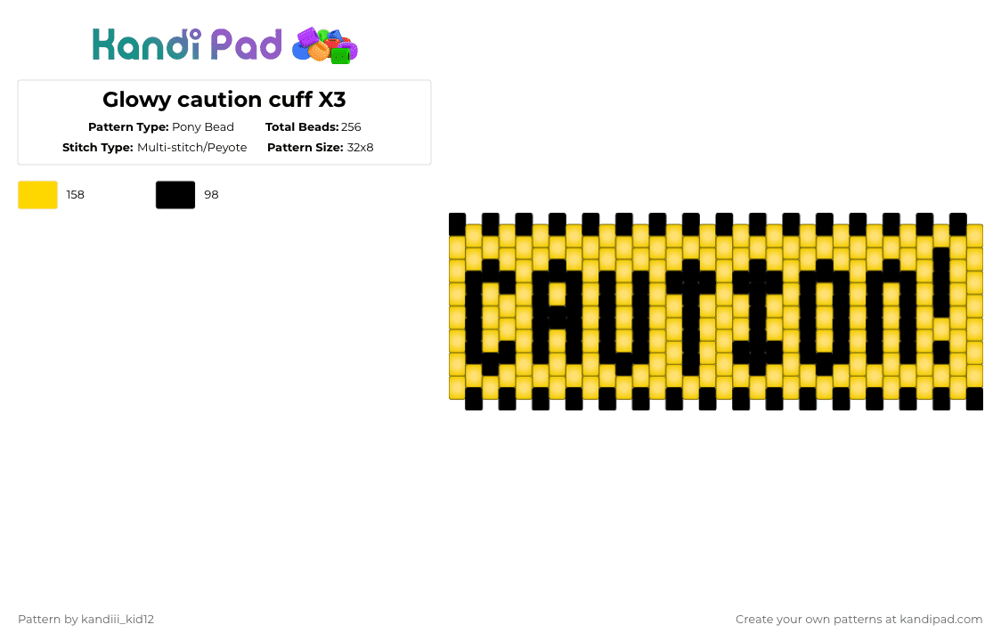 Glowy caution cuff X3 - Pony Bead Pattern by solryn on Kandi Pad - black,yellow
