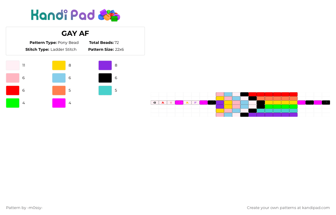 GAY AF - Pony Bead Pattern by -m0ssy- on Kandi Pad - pink,yellow,light blue,purple,gay,pride,black