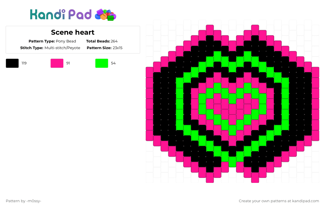Scene heart - Pony Bead Pattern by -m0ssy- on Kandi Pad - green,pink,black,heart,mask
