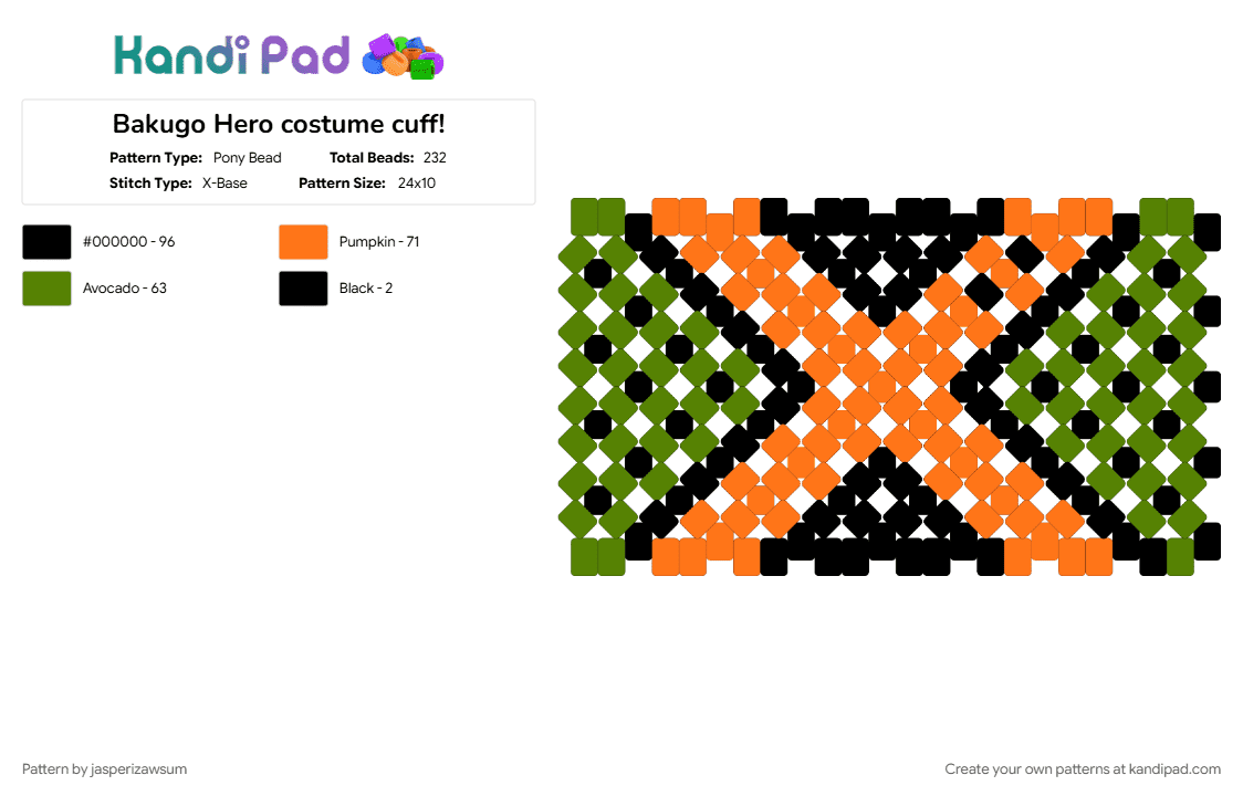 Bakugo Hero costume cuff! - Pony Bead Pattern by jasperizawsum on Kandi Pad - anime, bakugo, dynamight, green, myheroacademia, orange
