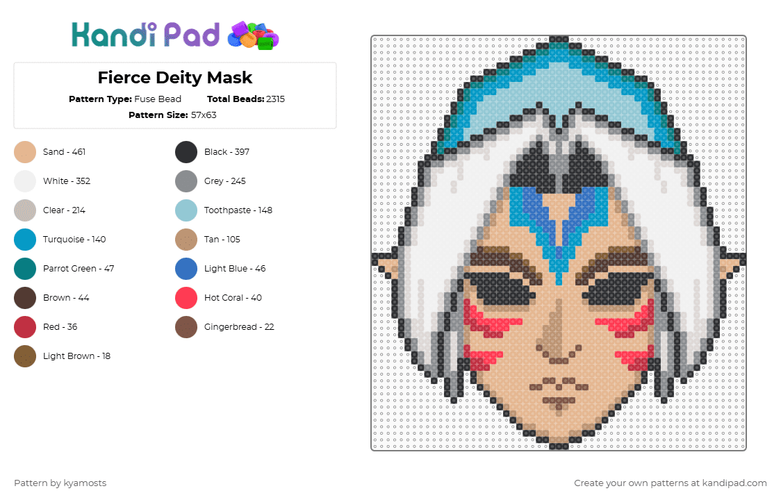 Fierce Deity Mask - Fuse Bead Pattern by kyamosts on Kandi Pad - light blue,gray,beige,zelda,the legend of zelda,majoras mask,fierce deity mask,fierce deity link,link,videogames
