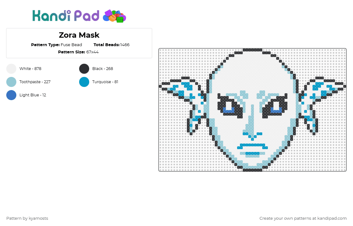 Zora Mask - Fuse Bead Pattern by kyamosts on Kandi Pad - white,light blue,zelda,the legend of zelda,majoras mask,zora mask