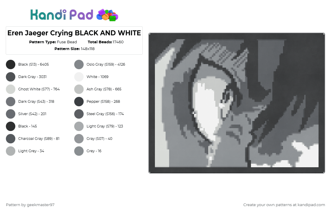 Eren Jaeger Crying BLACK AND WHITE - Fuse Bead Pattern by geekmaster97 on Kandi Pad - gray,anime,attack on titan,black and white,shonen,eren,aot