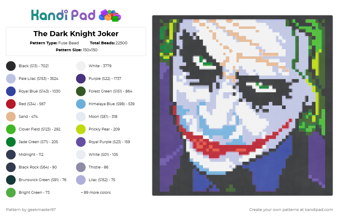 The Dark Knight Joker - Fuse Bead Pattern by geekmaster97 on Kandi Pad - green,purple,red,colorful,joker,batman,dc,comics,superhero,supervillain,the joker,dc comics