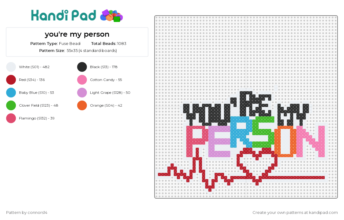 you\'re my person - Fuse Bead Pattern by connors14 on Kandi Pad - love,text,heartbeat,affection,message,heart,ekg,sentiment,appreciation,red