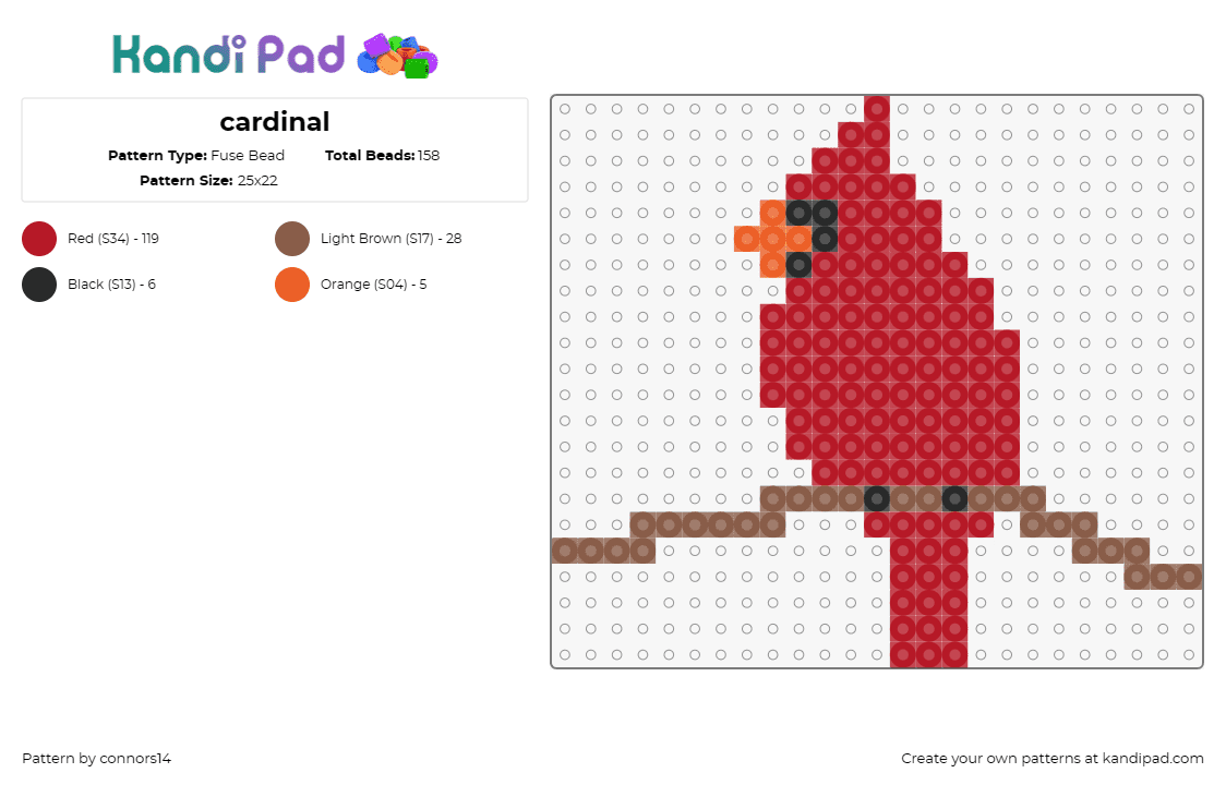 cardinal - Fuse Bead Pattern by connors14 on Kandi Pad - cardinal,bird,perched,wildlife,nature,vibrant,graceful,lively,red